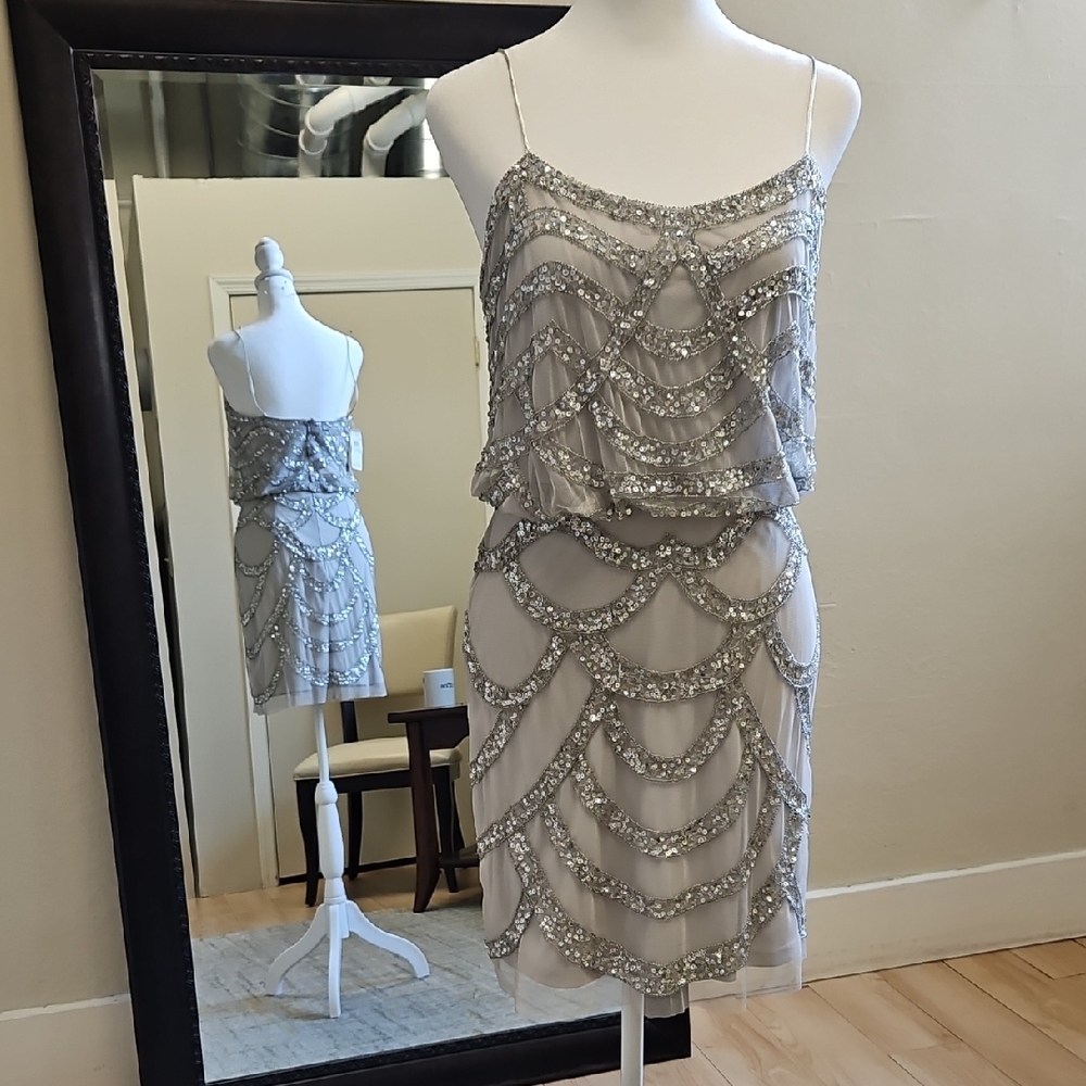 Size 6 silver beaded/sequin cocktail dress blouson style sheath by Adian Mattox